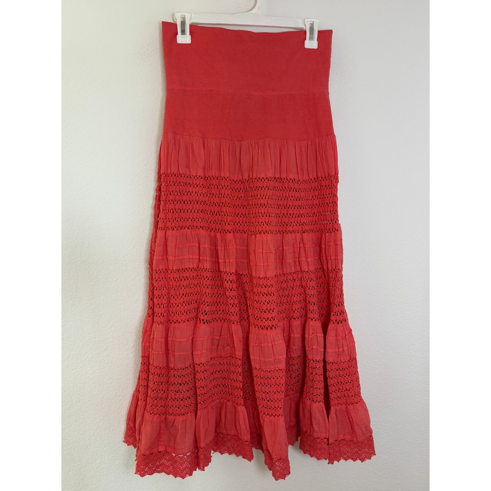 Cute Options Coral Pink Cotton Tiered Maxi Skirt Crochet Lace Boho Large